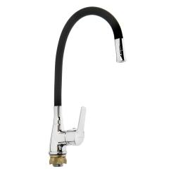 Смеситель для кухни/мойки Accoona, однорычажный, поворотный/гибкий, керамический, силиконовый излив, цинк, цвет черный/хром