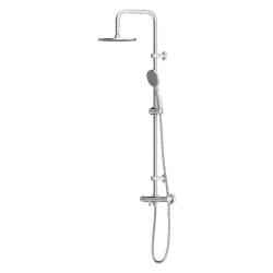 Душевая система Dorff Futura, высота 810-1130 мм, цвет хром, комплект: термостатический смеситель/излив/тропический душ (с верхней лейкой)/стойка/лейка/шланг, латунь/пластик/нержавеющая сталь