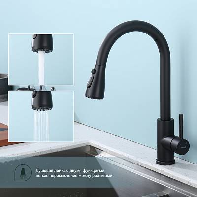 Смеситель для кухни/мойки Splenka S203.49.06 однорычажный, поворотный/выдвижной излив, керамический, высота 200 мм, длина 206 мм, нержавеющая сталь, цвет черный