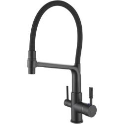 Смеситель для кухни/мойки ROSE однорычажный, с подключением к фильтру, гибкий излив, поворотный, высокий, длина 228 мм, латунь, цвет темно-серый