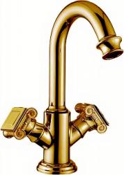 Смеситель для раковины Cezares Aphrodite, двухвентильный, высокий, длина излива 155 мм, поворотный, керамический, латунь, цвет бронза, с донным клапаном