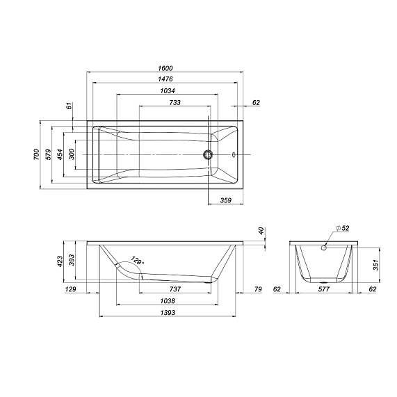 Ванна Am.Pm Gem 160х70 акриловая, цвет белый глянцевый, (без гидромассажа, рамы, сифона, фронтальной панели) прямоугольная, левосторонняя/правосторонняя