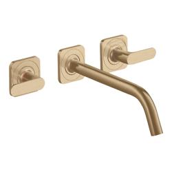 Смеситель для раковины Axor Citterio M, на 3 отверстия, двухвентильный, с рычаговыми рукоятками, скрытого монтажа, настенный, фиксированный излив, длина 22,6 см, керамический, латунь, цвет шлифованная бронза, незапираемый сливной набор