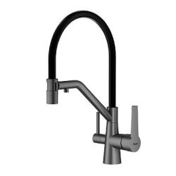 Смеситель для кухни/мойки Raglo R80.62.09 однорычажный, поворотный, керамический картридж, с подключением фильтра, гибкий излив, длина излива 225 мм, латунь/силикон, цвет графит/черный