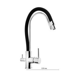 Смеситель для кухни/мойки Accoona, с подключением к фильтру с питьевой водой, однорычажный, поворотный/гибкий, керамический, длина излива 150 мм, латунь, цвет черный/хром