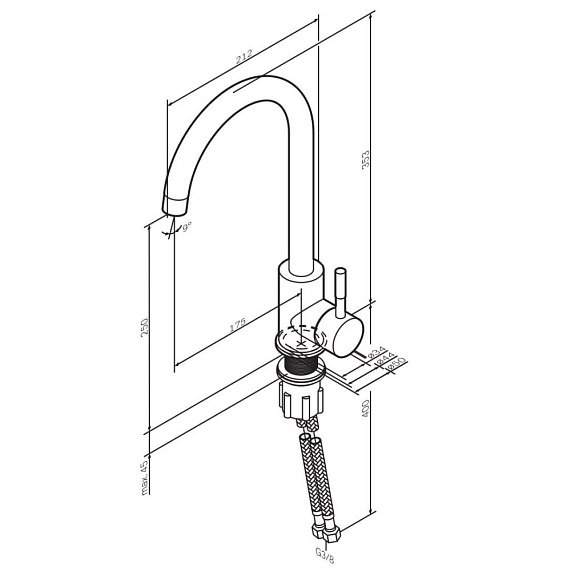 Смеситель для кухни/мойки Am.Pm X-Joy S однорычажный, поворотный, керамический, с высоким изливом, длина 175 мм, нержавеющая сталь, цвет черный