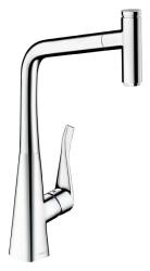 Смеситель для кухни/мойки Hansgrohe Metris Select M71 320, однорычажный, поворотный, керамический, с высоким выдвижным/вытяжным изливом, высота излива 33,3 см, латунь, покрытие хром, цвет хром, с кнопкой Select