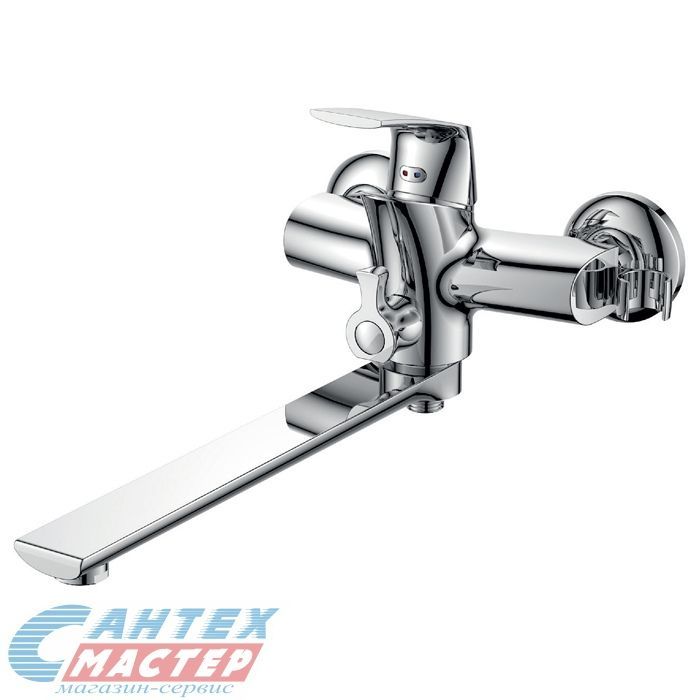 Смеситель для ванны/душа D&K Feuerbach Rhein однорычажный, керамический, настенный, излив длинный литой 319 мм, латунь хром, горизонтальный, фиксированный, однорукий, кран, комплект, сантехника, размер, характеристики, высота, расстояние (Д&K)