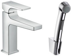 Смеситель для раковины Hansgrohe Metropol с гигиеническим душем/лейкой, однорычажный, фиксированный, излив короткий, длина 13,5 см, керамический, латунь, цвет хром, для биде, с донным клапаном