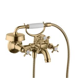 Смеситель для ванны Axor Montreux, двухвентильный, с крестообразными рукоятками, настенный, наружнего/внешнего монтажа, неповоротный, латунный, длина излива 22,4 см, керамический, цвет шлифованная бронза, с душевым шлангом/лейкой/держателем для душа