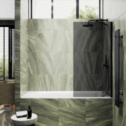 Душевая шторка на ванну MaybahGlass, 140х50 см, графитовое стекло/профиль широкий, цвет черный, фиксированная, закаленное стекло 8 мм, плоская/панель, правая/левая, правосторонняя/левосторонняя, универсальная