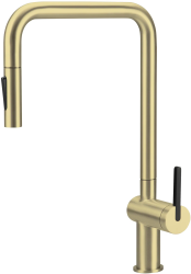 Смеситель для кухни/мойки Deante Momi однорычажный, поворотный, с выдвижным U-изливом, керамический, длина излива 225 мм, латунь, цвет золото матовое