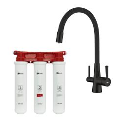 Комплект: смеситель для кухни Comfort + фильтр BASIC для очистки воды от хлора и вредных примесей, однорычажный, поворотный, керамический, длина излива 225 мм, латунь, цвет черный матовый
