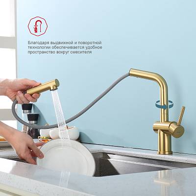 Смеситель для кухни/мойки Raglo R86.49.03 однорычажный, поворотный, керамический картридж, с выдвижным изливом, длина излива 223 мм, нержавеющая сталь, цвет золотой сатин
