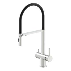 Смеситель для кухни/мойки SS Oliveeka OL-458009-BN с подключением к фильтру, двухзахватный, поворотный/гибкий излив, керамический картридж, высокий, длина излива 220 мм, нержавеющая сталь, цвет никель матовый/черный
