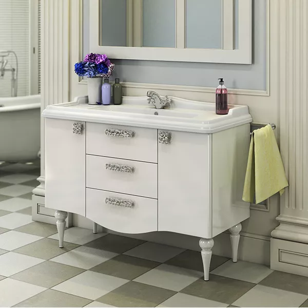 Тумба с раковиной Comforty Монако-120, 120,5х86х49 см напольная, 2 выдвижных ящика/2 распашные дверцы, ЛДСП/МДФ, прямоугольная, цвет- белый глянец/раковина Comforty 3312 цвет белый, встраиваемая