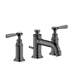 Смеситель для раковины Axor Montreux 30, на 3 отверстия, двухвентильный, с рычаговыми рукоятками, фиксированный излив, длина излива 14,3 см, керамический, латунь, цвет полированный черный хром, со сливным гарнитуром