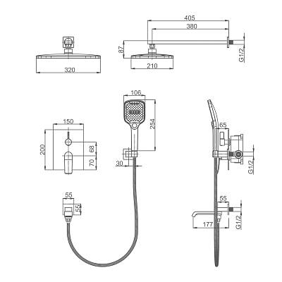Душевая система Splenka S31.27 встраиваемая, цвет хром, комплект: однорычажный смеситель/излив/тропический душ прямоугольный (с верхней лейкой)/лейка/шланг, скрытый монтаж