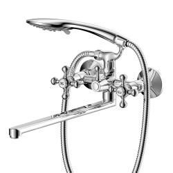 Смеситель для ванны/душа Olives Girona двухвентильный, керамический, настенный, излив поворотный 350 мм, с гибким шлангом, душем/лейкой, латунь хром 01221GR