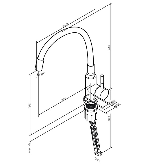 Смеситель для кухни/мойки Am.Pm X-Joy S однорычажный, поворотный/гибкий излив, высокий, керамический картридж, длина 260 мм, нержавеющая сталь/силикон, цвет хром, серый излив