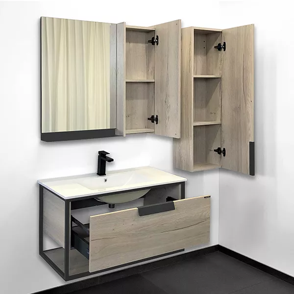 Тумба с раковиной Comforty Бонн 90, 91х52х46,5 см, подвесная, 1 выдвижной ящик, ЛДСП/сталь, прямоугольная, цвет- графит/дуб дымчатый/раковина Quadro 90, прямоугольная, цвет белый, встраиваемая