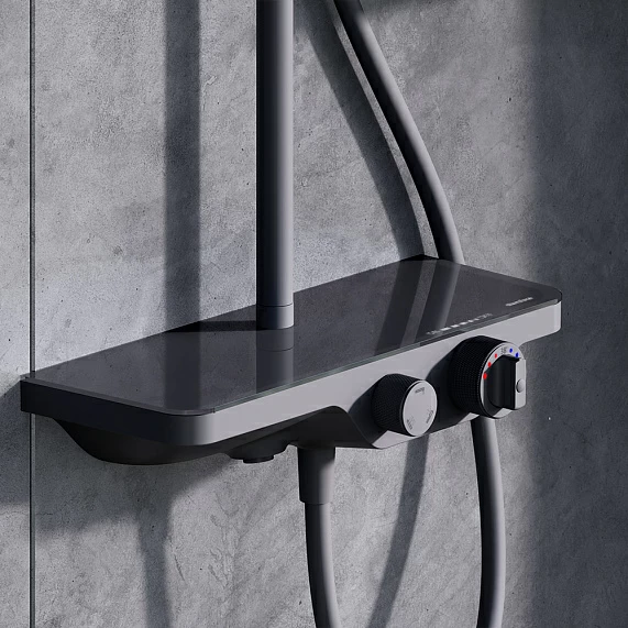 Душевая система Damixa Apollo, высота 1050-1450 мм, цвет черный матовый, комплект: термостатический смеситель-полка/излив/тропический душ круглый (с верхней лейкой)/стойка/лейка/шланг, латунь/пластик