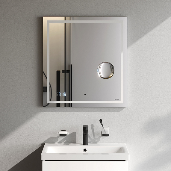 Зеркало Am.Pm Gem 650х700х30 см с LED/ЛЕД-подсветкой, прямоугольное, с ИК- сенсором, выключатель сенсорный, с часами, с косметическим зеркалом