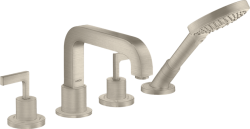 Смеситель для ванны Axor Citterio двухвентильный, с рычаговыми рукоятками, монтаж на плитку, неповоротный, латунный, длина излива 19 см, керамический, цвет шлифованный никель, с душевым шлангом/лейкой, на 4 отверстия, с розетками