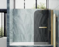 Душевая шторка на ванну MaybahGlass, 140х50 см, графитовое стекло/профиль золото, поворотная, закаленное стекло 6 мм, плоская/панель, правая/левая, правосторонняя/левосторонняя, универсальная