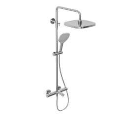 Душевая система Abelsberg Perfecta с термостатом, высота 900−1300 мм цвет глянцевый хром, комплект: смеситель/излив/тропический душ прямоугольный (с верхней лейкой)/лейка/стойка/шланг, латунь/ABS-пластик