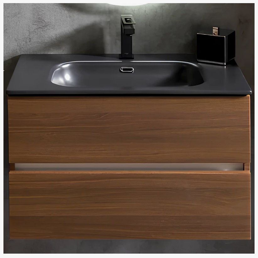 Тумба под раковину Armadi Art Vallessi DARK OAK матовый 2 полки, 80х53х46 см, навесная, цвет дуб темный, 2 выдвижных ящика, шкаф/шкафчик подвесной, система плавного закрывания, прямоугольная