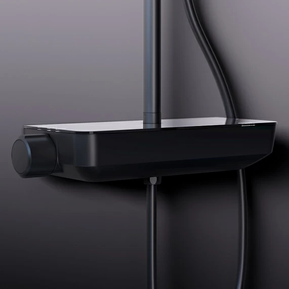 Душевая система Damixa Scandinavian Pure, высота 1050-1450 мм, цвет черный матовый, комплект: смеситель-полка/тропический душ круглый (с верхней лейкой)/стойка/лейка/шланг, латунь/пластик