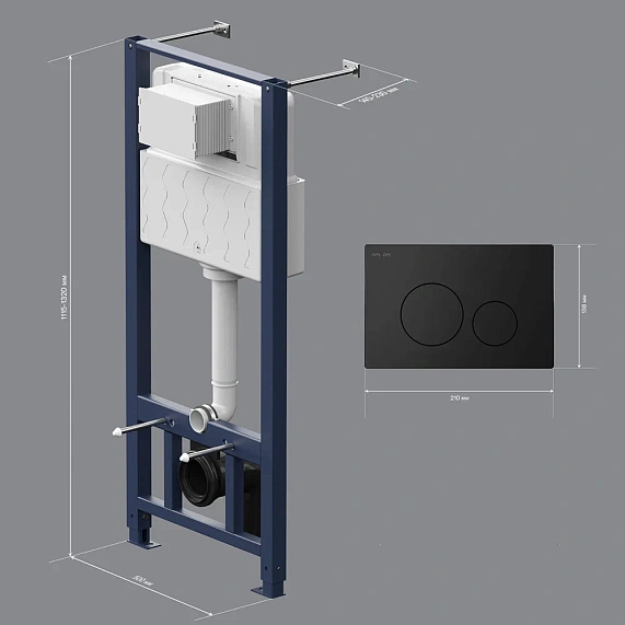 Инсталляция Am.Pm Pro с пневматической клавишей Pro L цвет черный матовый (клавиша смыва, двойного слива), система для подвесного унитаза, со скрытым смывным бачком (бак), комплект, подвод воды сверху