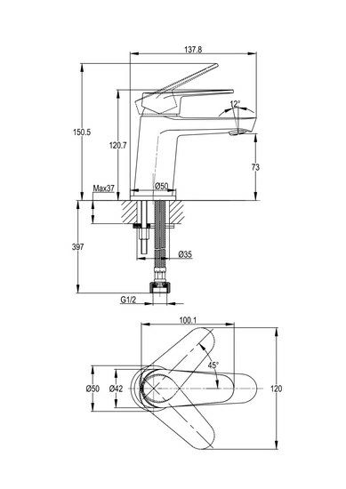Смеситель для раковины/умывальника Cersanit Lara однорычажный, неповоротный, длина 88 мм, латунь, цвет черный матовый