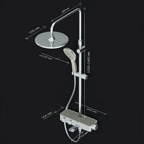 Душевая система AM.PM Inspire 2.0, высота 1030-1460 мм, цвет хром, комплект: термостатический смеситель с изливом/тропический душ (с верхней лейкой)/стойка/лейка/шланг, наружного монтажа