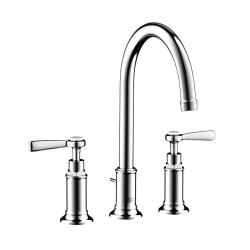 Смеситель для раковины Axor Montreux 180, на 3 отверстия, двухвентильный, с рычаговыми рукоятками, поворотный излив, длина излива 17,5 см, керамический, латунь, цвет хром, со сливным гарнитуром