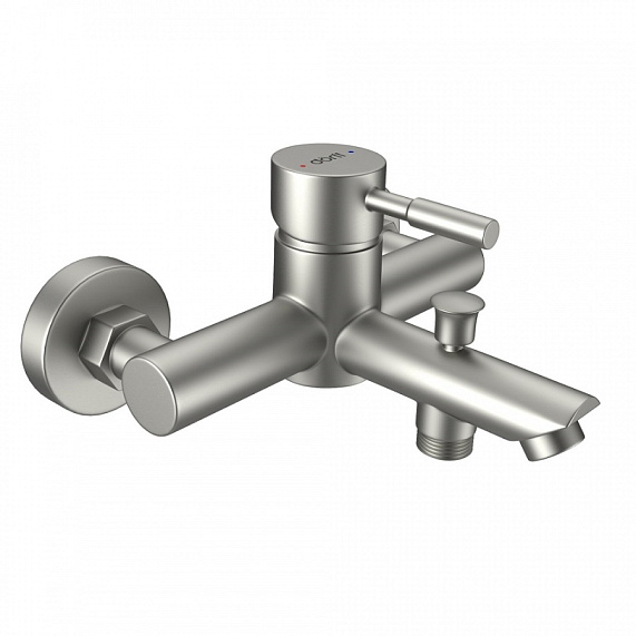 Смеситель для ванны/душа Dorff Logic однорычажный, керамический, настенный, излив неповоротный 124 мм, штанга/душевой шланг/лейка, нержавеющая сталь