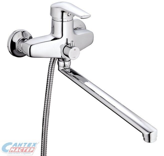 Смеситель для ванны/душа G-lauf однорычажный, керамический, настенный, излив поворотный 322 мм, с гибким шлангом, душем/лейкой, латунь, цвет хром, длинный, универсальный, горизонтальный, рычажный, кран, комплект, сантехника, размер, характеристики