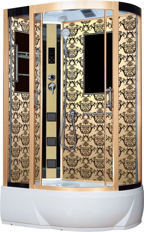 Душевая кабина 80х120х220 см Niagara Lux (левая) поддон низкий, ассиметричная, угловая, стекло прозрачное, заднее с узором, с гидромассажем, с сиденьем, сенсорная, профиль золото, смеситель, белая, закрытая