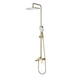 Душевая система Splenka S31.24.03 высота 760-1480 мм цвет сатин золотой, комплект: однорычажный смеситель/излив/тропический душ прямоугольный (с верхней лейкой)/лейка/стойка/шланг, латунь