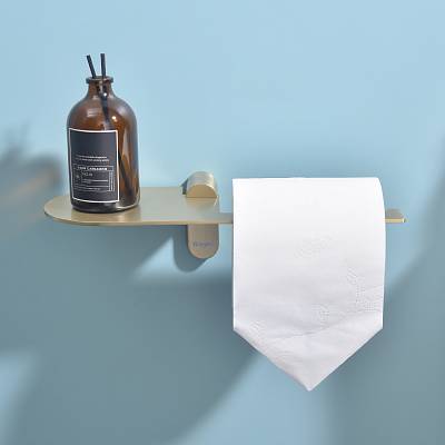 Держатель для туалетной бумаги Raglo R300.03.03 без крышки, с полочкой для телефона, цвет сатин золотой, настенный, нержавеющая сталь, форма овальная, для туалета/ванной