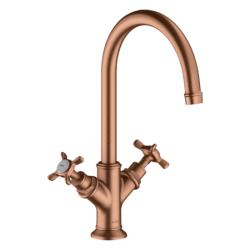 Смеситель для раковины Axor Montreux 210, двухвентильный, с крестообразными рукоятками, поворотный излив, длина излива 17,5 см, керамический, латунь, цвет: шлифованное красное золото, с незапираемым сливным набором