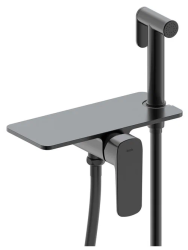 Смеситель IDDIS Axes с гигиеническим душем, встраиваемый, однорычажный, керамический, без излива, с гибким шлангом/лейкой, латунь, цвет черный матовый, с полкой