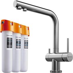 Комплект: смеситель для кухни Omoikiri Nagano-BN + фильтр Pure drop Lite для очистки воды трехступенчатый, смеситель однорычажный, поворотный, керамический, длина излива 206 мм, латунь, цвет нержавеющая сталь