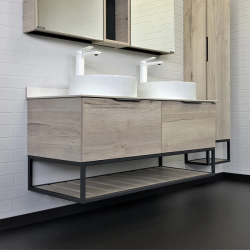 Тумба с двумя раковинами Comforty Порто-120-2, 120х64,5х52 см, подвесная, 2 выдвижных ящика/открытая полка, ЛДСП/сталь, прямоугольная, цвет- дуб дымчатый/белый/две раковины COMFORTY 9110, круглая, цвет белый, накладная