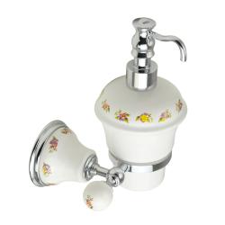 Дозатор жидкого мыла Migliore Provance, настенный, керамика/стекло, форма округлая, для мыла в ванную/туалет/душевую кабину, цвет хром/белый с декором
