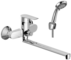 Смеситель для ванны/душа Rossinka, однорычажный, настенный, керамический, поворотный, с длинным изливом 320 мм, латунь, цвет хром, для ванной