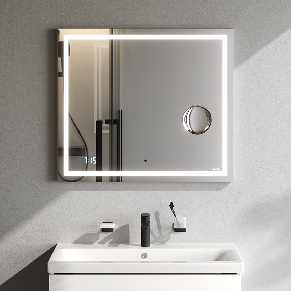 Зеркало Am.Pm Gem 800х700х30 см с LED/ЛЕД-подсветкой, прямоугольное, с ИК- сенсором, выключатель сенсорный, с часами, с косметическим зеркалом