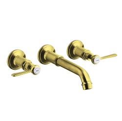 Смеситель для раковины Axor Montreux, на 3 отверстия, двухвентильный, с рычаговыми рукоятками, скрытого монтажа, настенный, фиксированный излив, длина излива 16,5-22,5 см, керамический, латунь, цвет шлифованное золото, незапираемый сливной набор