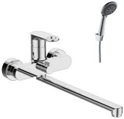 Смеситель для ванны/душа Rossinka, однорычажный, настенный, керамический, поворотный, с длинным изливом 320 мм, латунь, цвет хром, для ванной